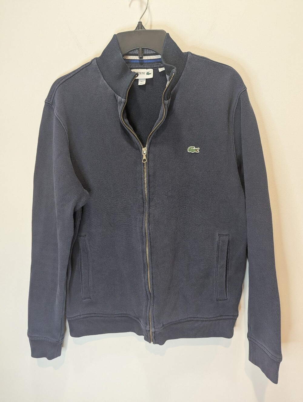 Lacoste Blue Cotton Blend Full Zip High Neck Jacket With Crocodile Patch Size M
